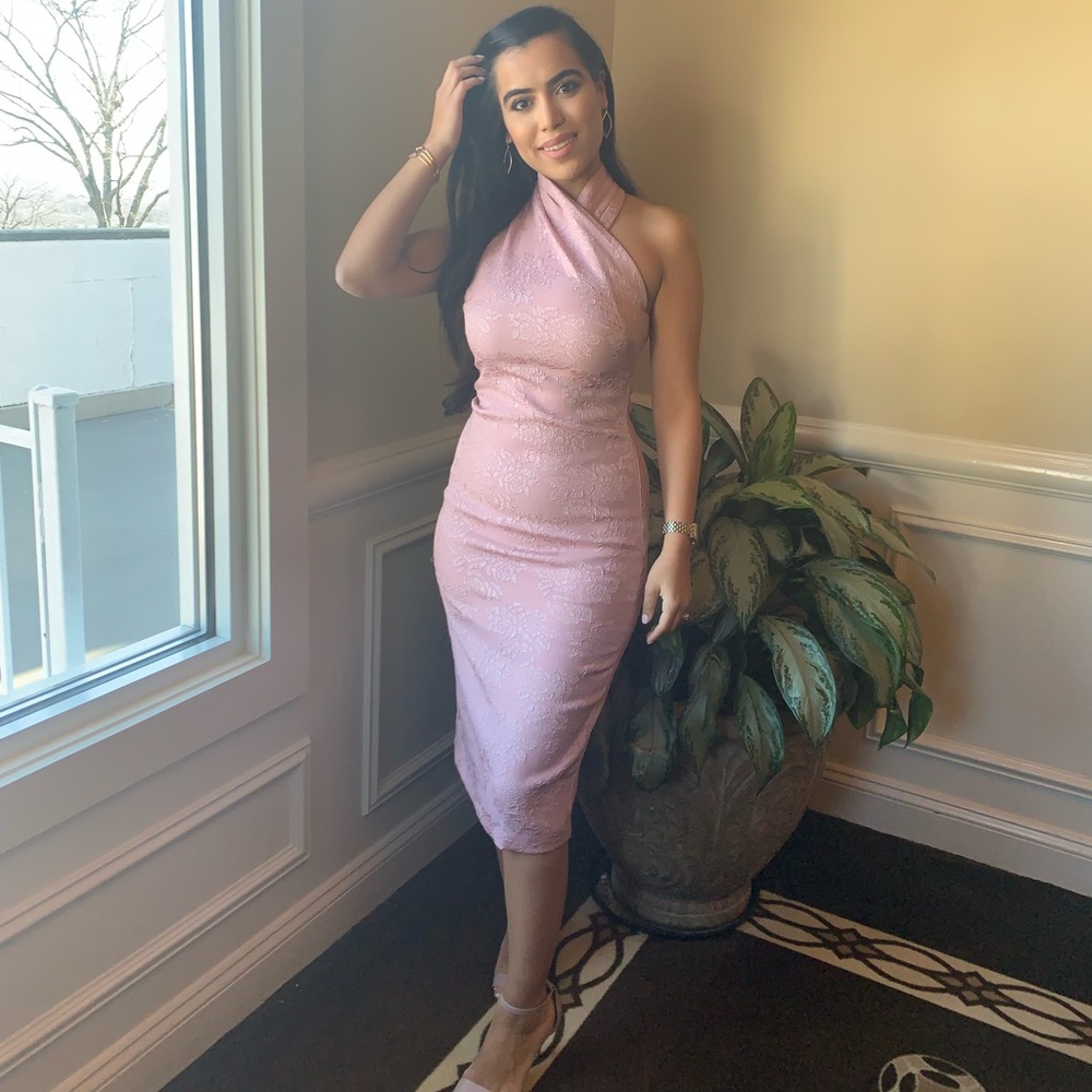 Pink jacquard midi dress